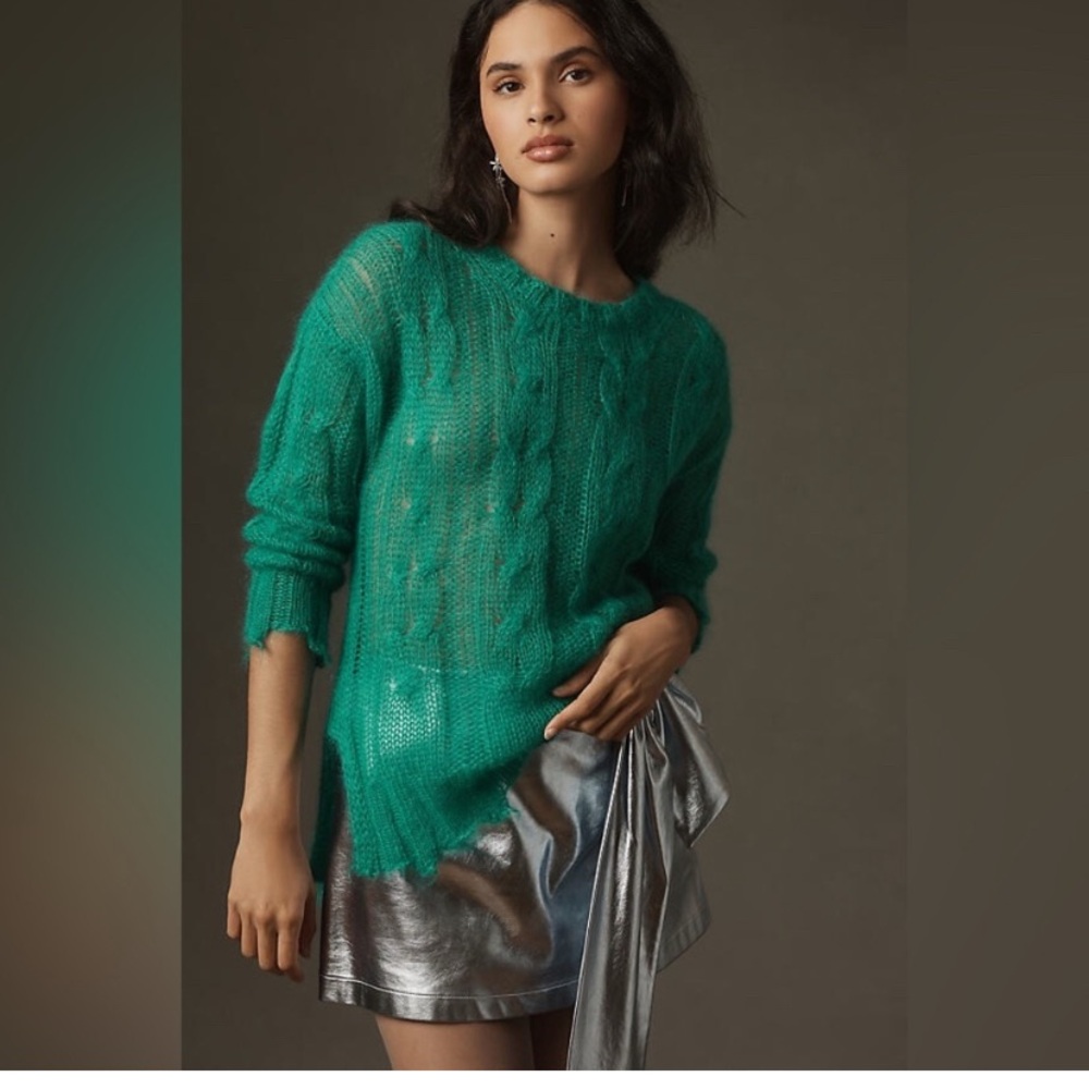 New Anthropologie The Posey Stitchy Distressed Wool Sweater- Green